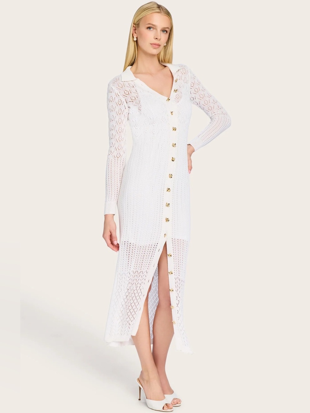 GENERATION LOVE Eleni Pointelle Knit Dress White L Gold Button Midi Cover Up - Picture 5 of 16